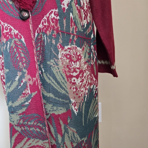 Badgley Mischka Wool Blend Duster Cardigan Womens M Leopard Print Faux Fur - Picture 3 of 11